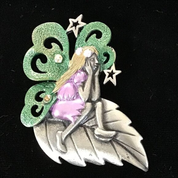 Vintage DD Pewter and Enamel Fairy Brooch With Aurora Borealis Rhinestones - Picture 1 of 7